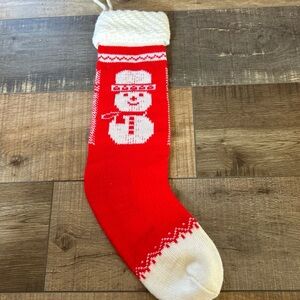 VINTAGE 60-70s KNIT CHRISTMAS STOCKING W Smiling Snowman Red & White 21"
